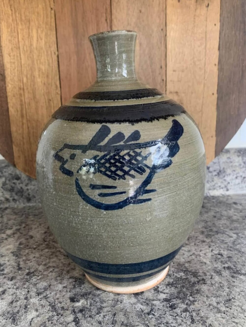 Vintage Salt Glazed Stoneware Vase Unmarked Blue Bird Accents